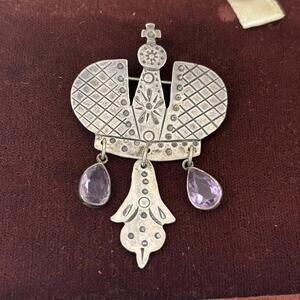 Vtg Sterling crown brooch with amethyst colored dangle stones